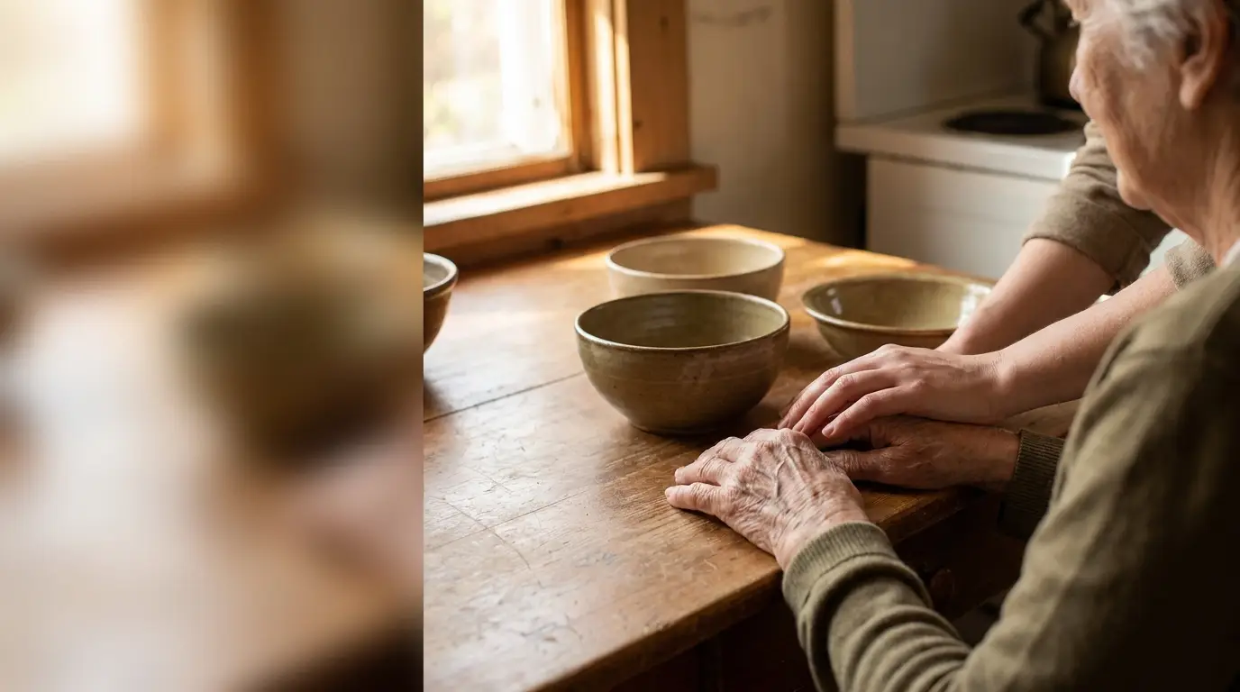 Hands on wooden table with ceramic bowls in cozy kitchen setting