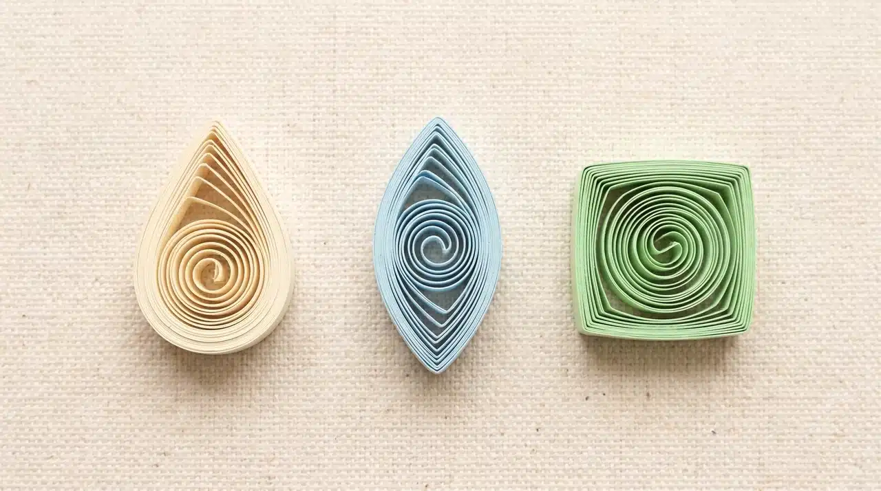 Teardrop, marquise, and square quilling coils arranged side by side on a neutral surface