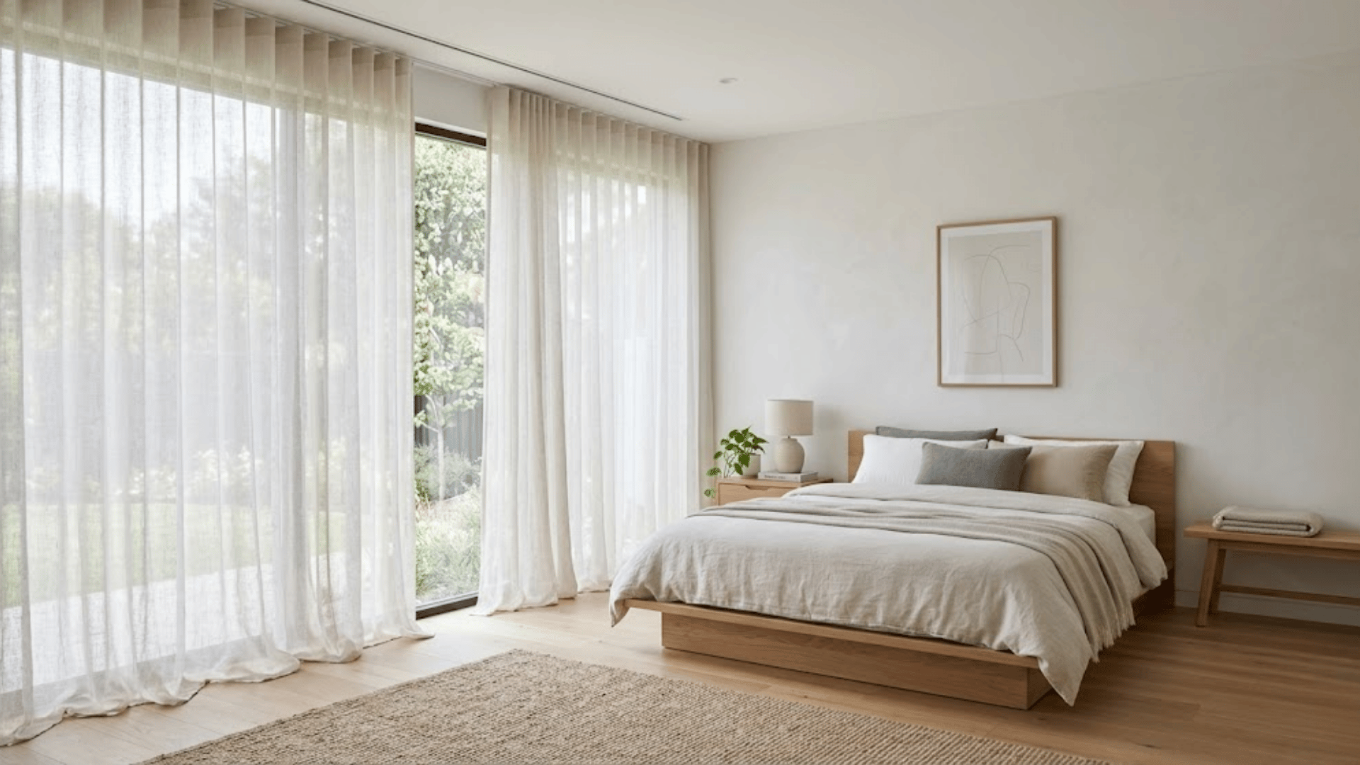 sheer curtains gives minimalist look to small bedroom