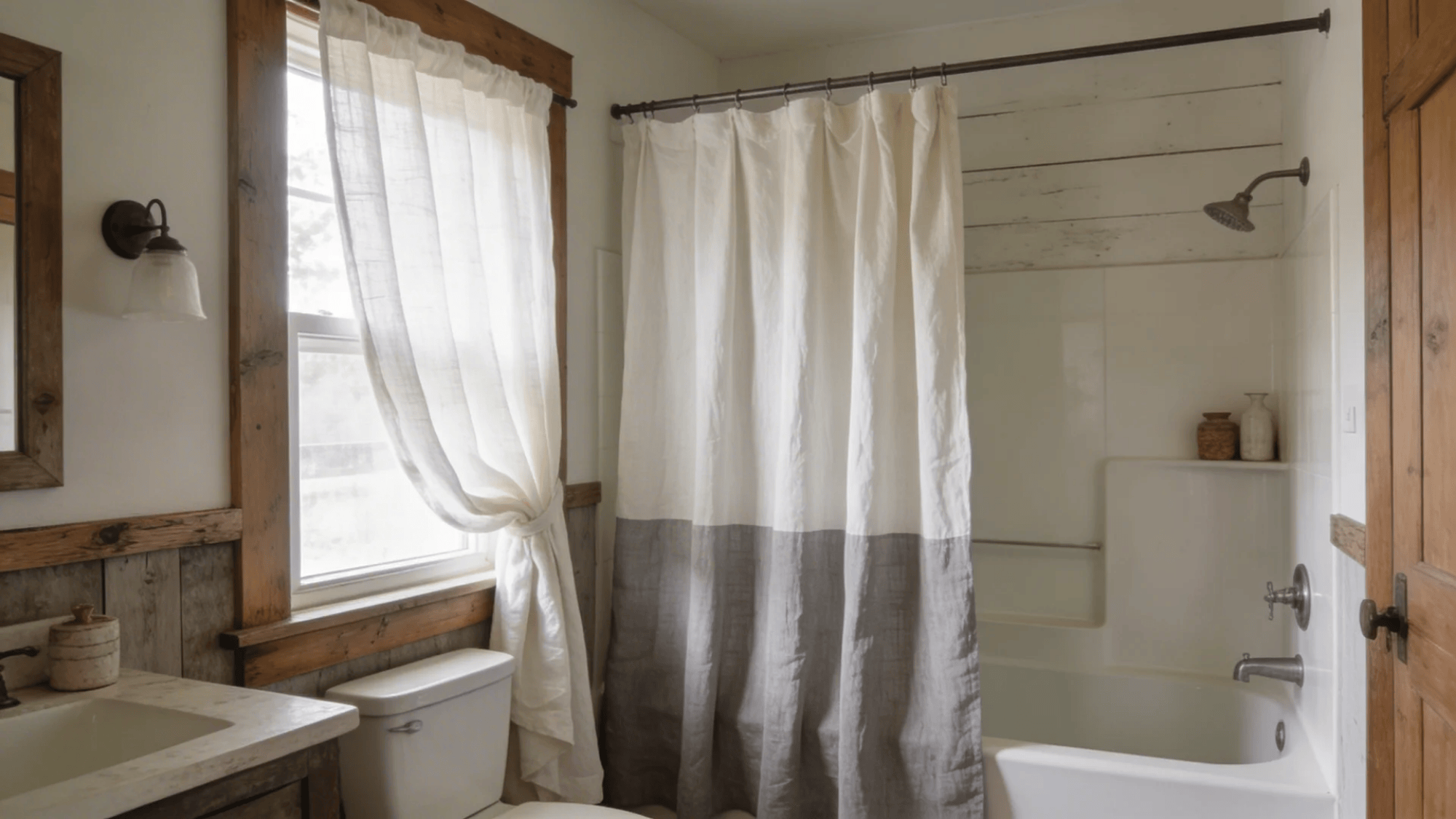 simple bathroom with bathtub shower curtain window and wooden trim with soft natural light inside