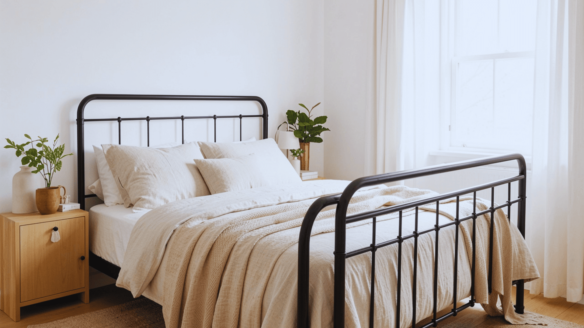 simple iron bed frame with soft bedding neutral decor and bright window