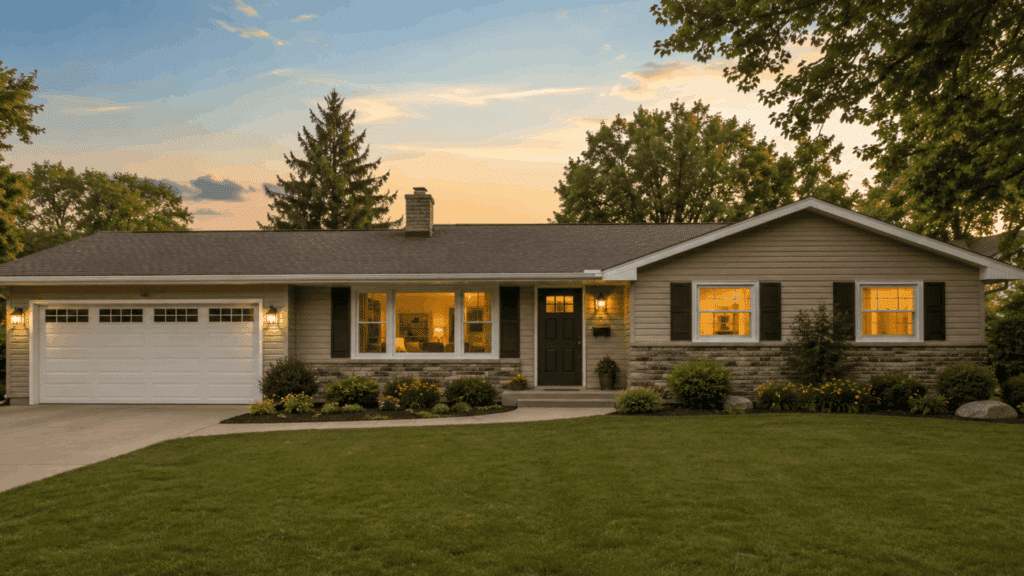 single story house with glowing windows landscaped garden and wide green lawn beneath tall trees at sunset