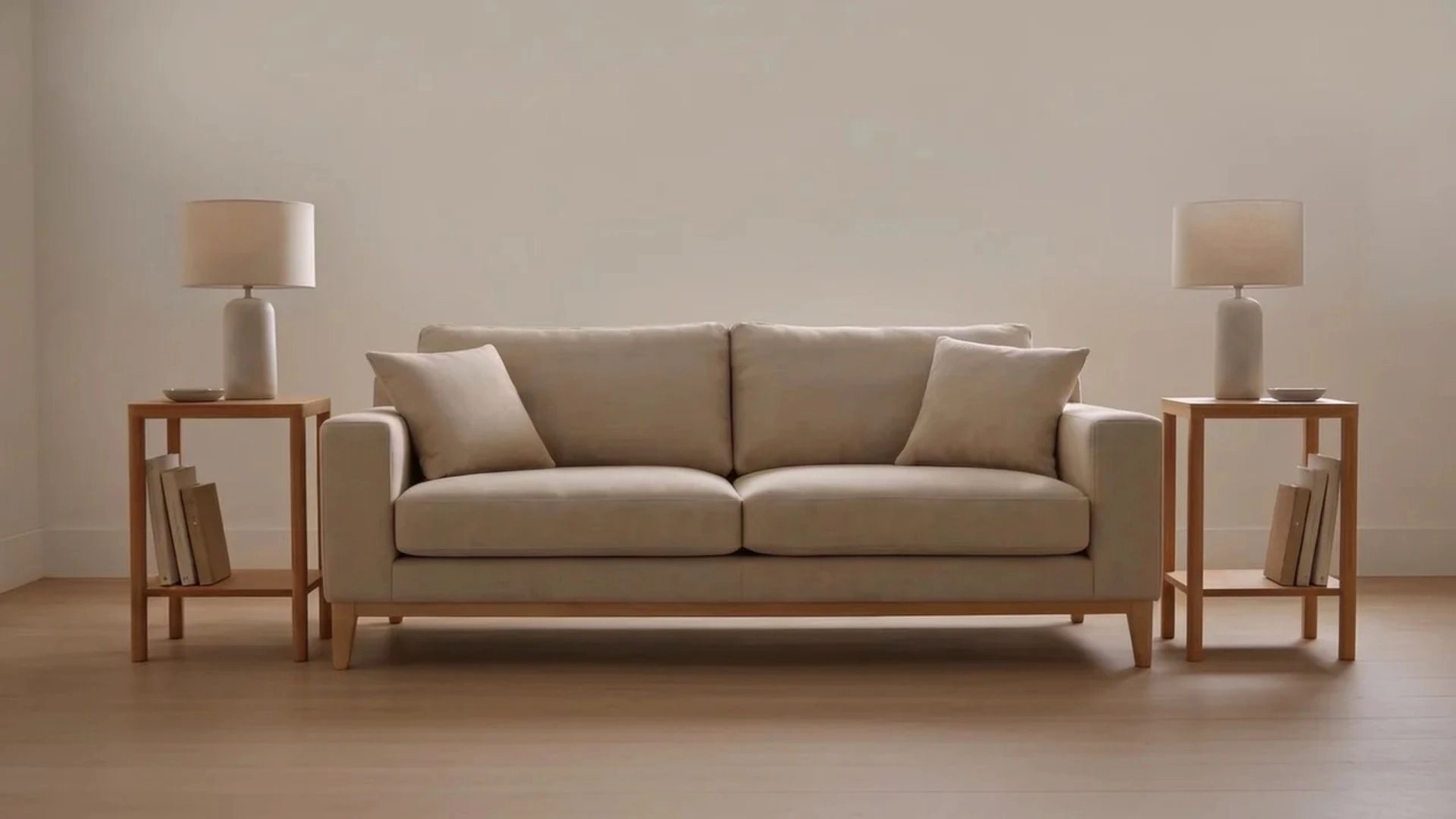 Sofa spanning two-thirds of wall length, paired with side tables and rug, showing balanced room proportions.