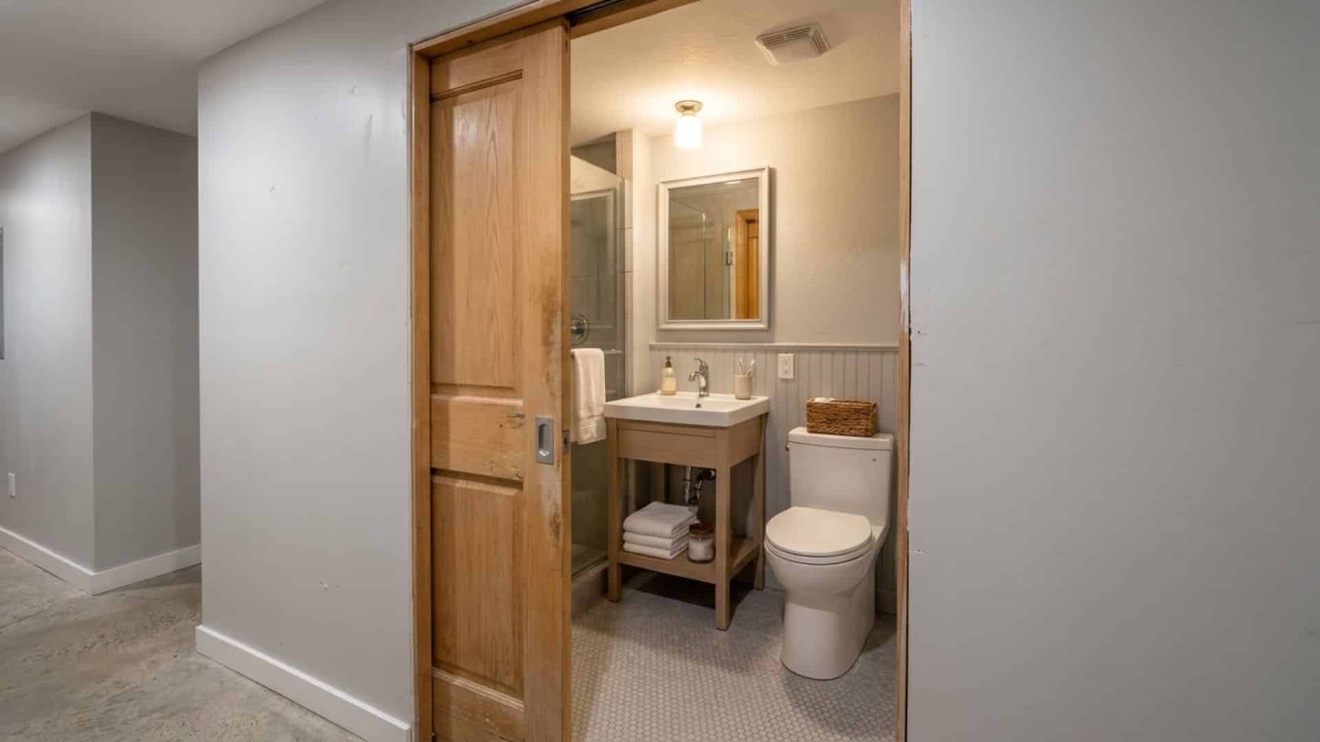 sliding pocket door in basement bathroom with compact layout neutral tones and modern space saving design