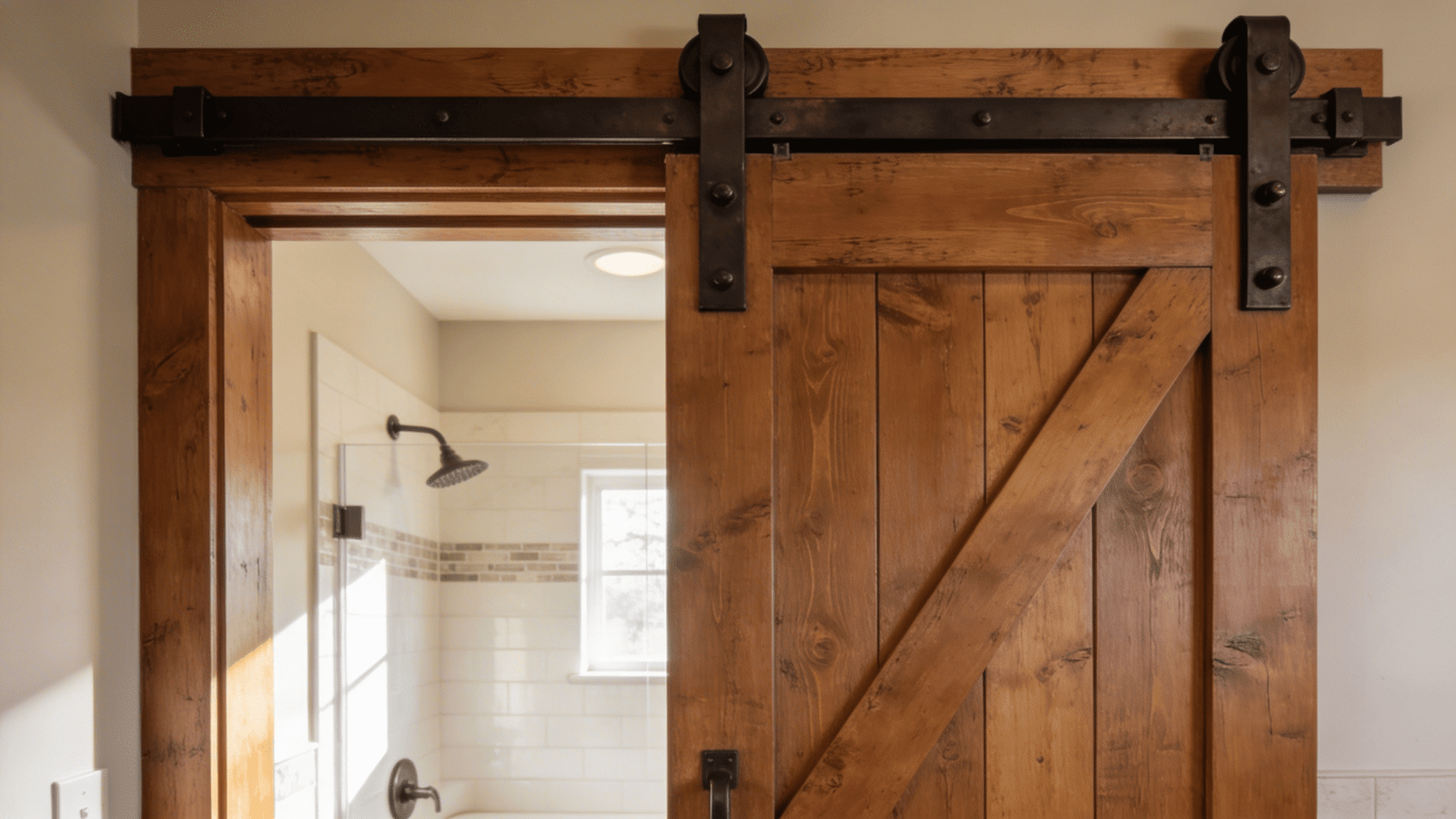 sliding wooden barn door with black metal hardware opening to tiled shower bathroom interior