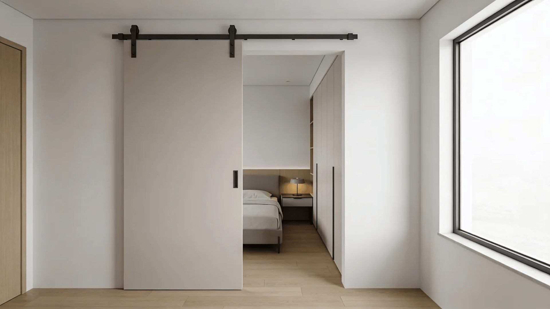 sliding pocket doors gives minimalist look for small bedroom