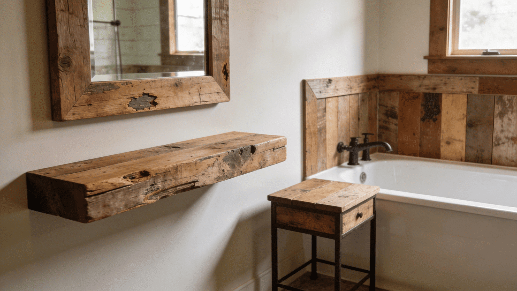small rustic bathroom with wooden shelf mirror and bathtub corner creating simple cozy functional space