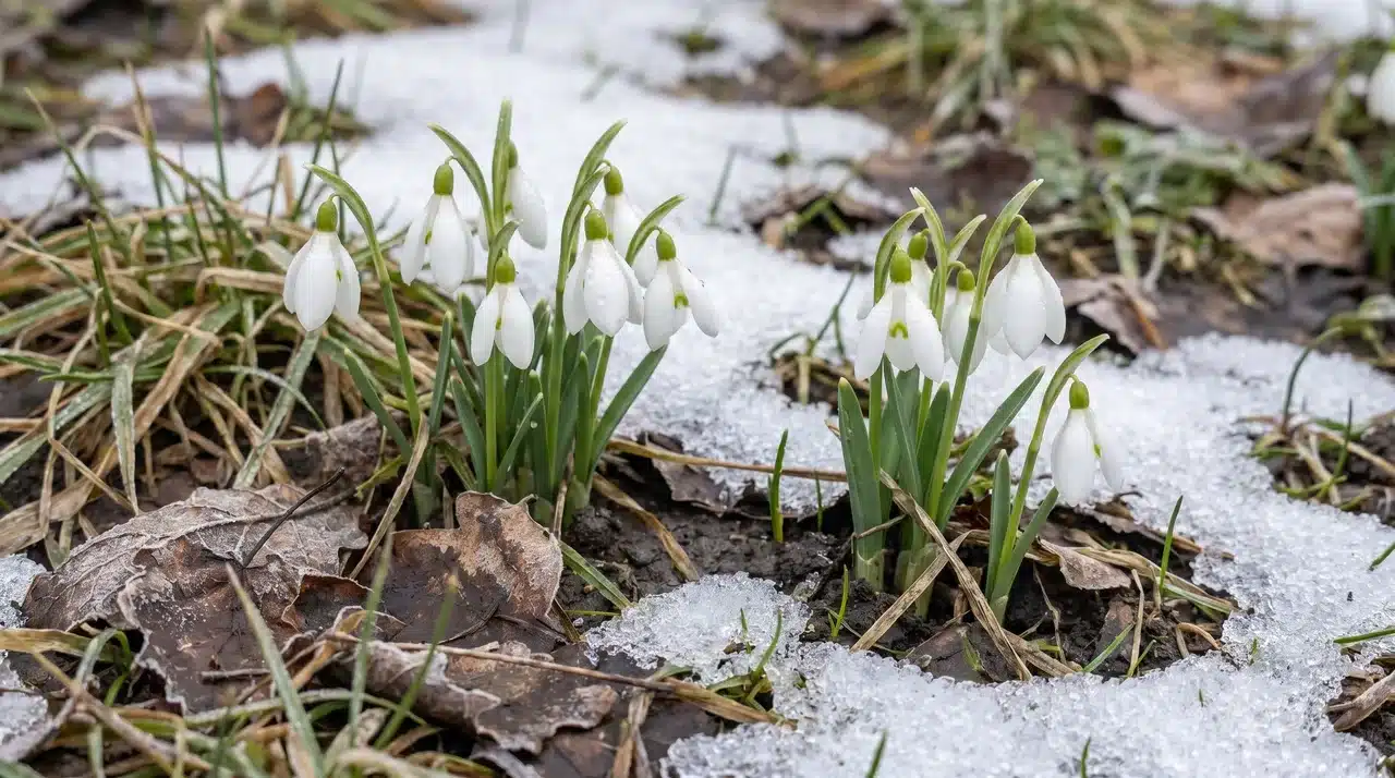 White snowdrop flowers emerging in early spring.