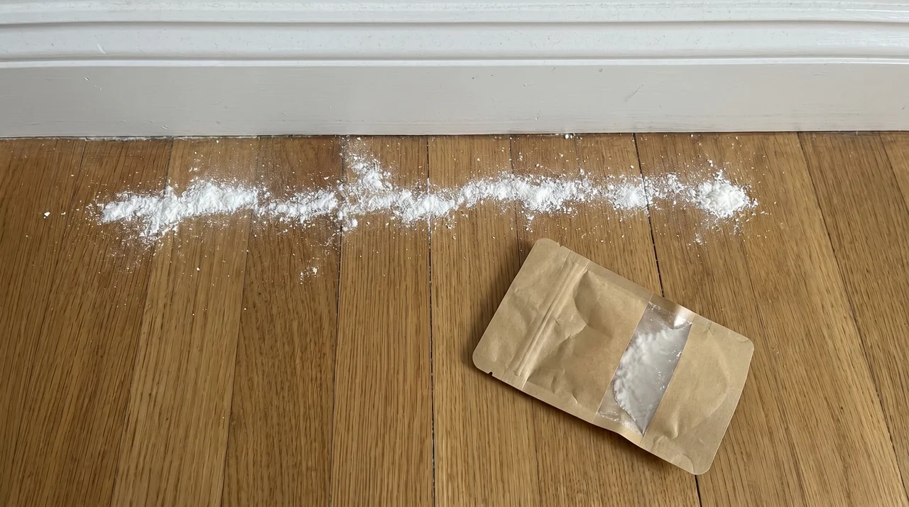 Thin line of white diatomaceous earth powder along a bedroom baseboard beside an open kraft pouch