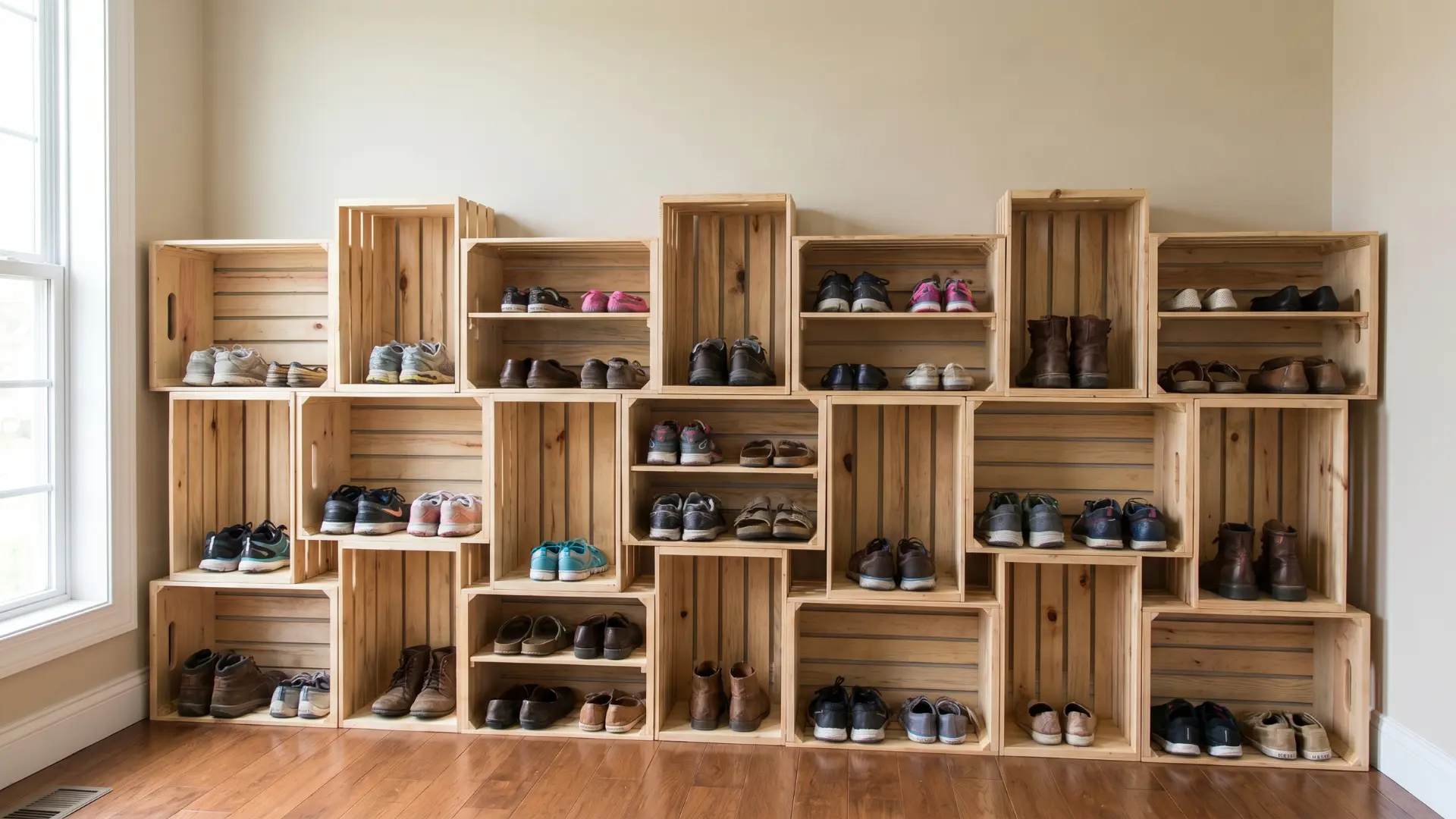 Stacked wooden crates arranged into cubby storage holding shoes in different compartments
