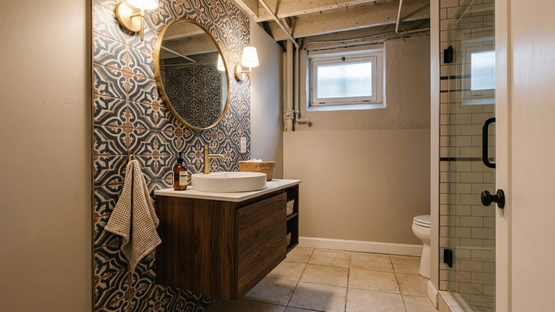 statement tile wall in basement bathroom with bold pattern neutral space and clean modern design focus