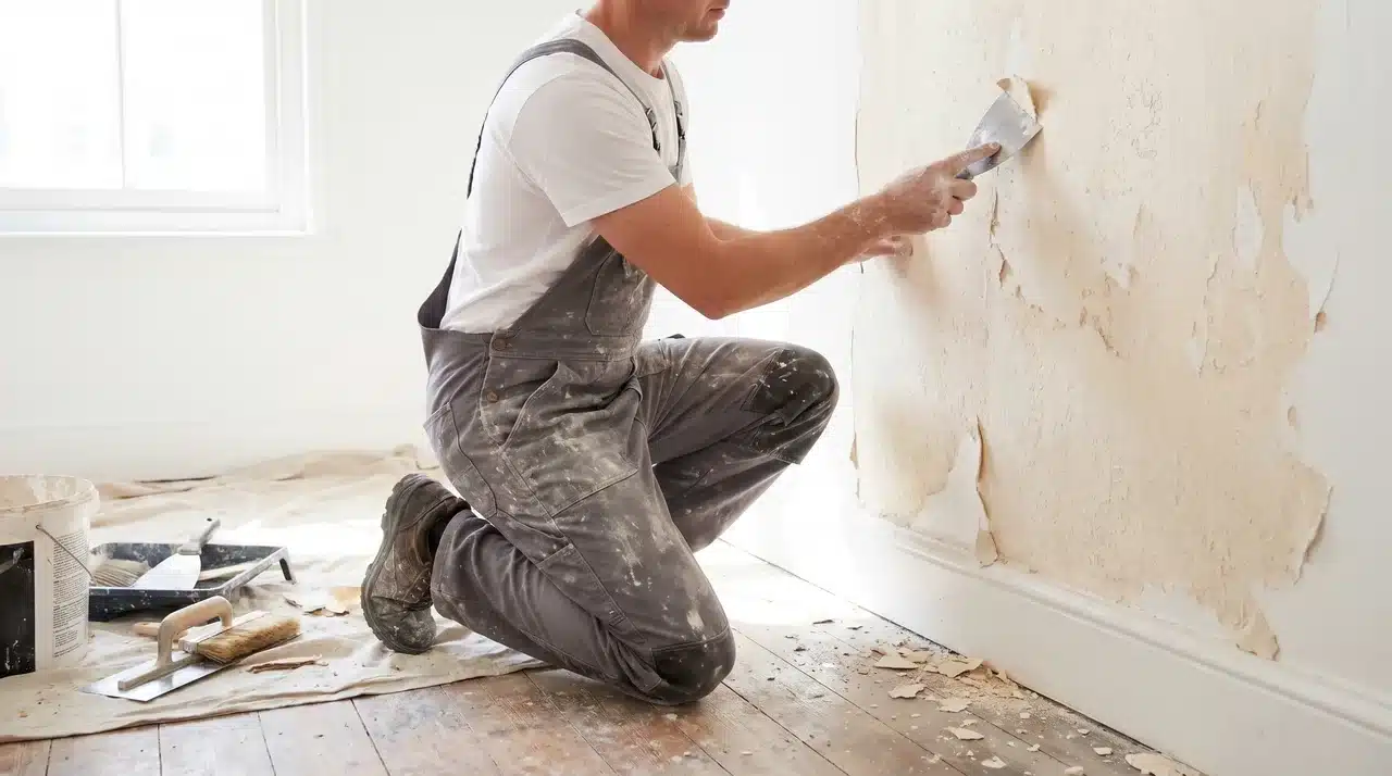 A person in grey overalls scraping loose plaster from a damaged wall before applying PVA primer.