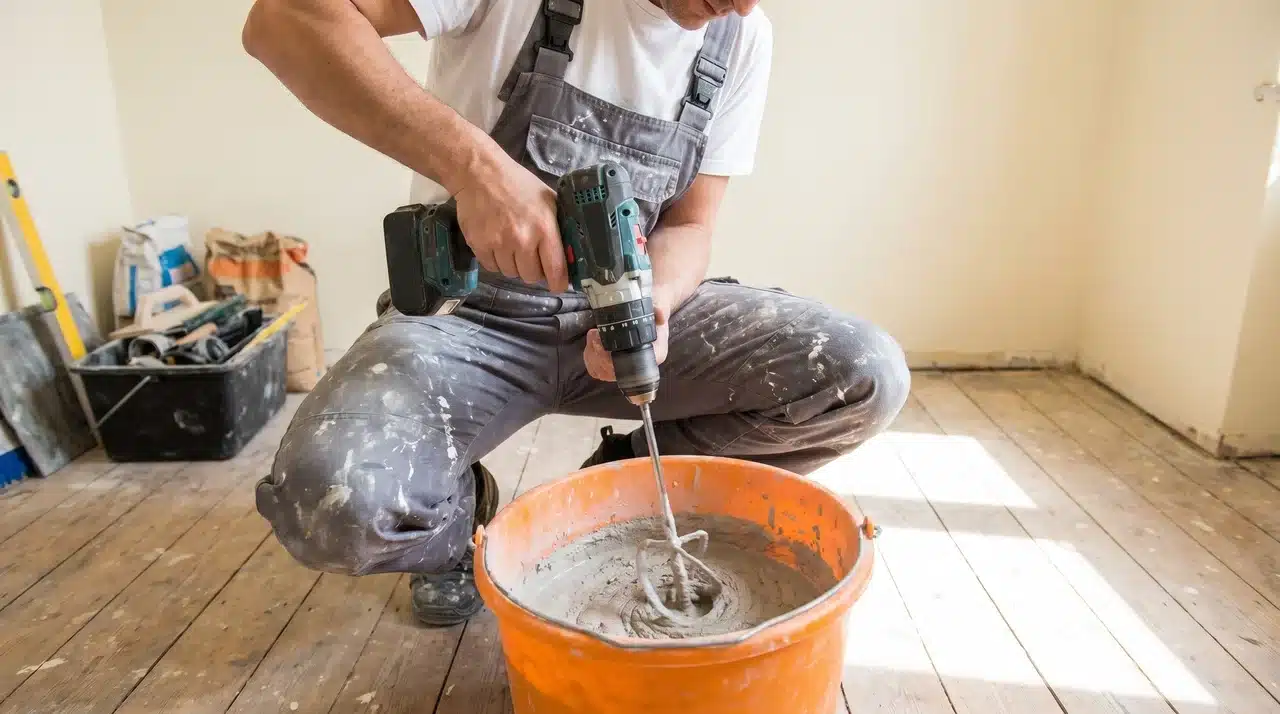 A person in grey overalls mixing plaster in an orange bucket with a paddle drill attachment.