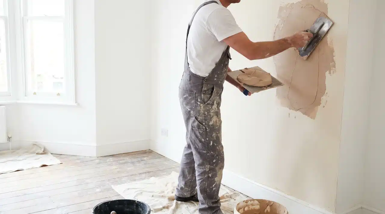 A person in grey overalls applying the first coat of plaster to a wall using a hawk and steel trowel.