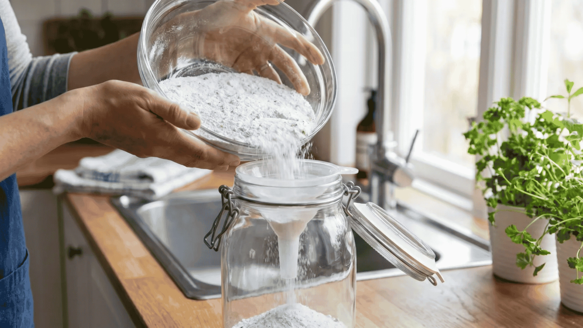 Glass jar being filled with the mixed DIY dishwasher detergent, showing a neat, airtight storage setup on a kitchen counter.