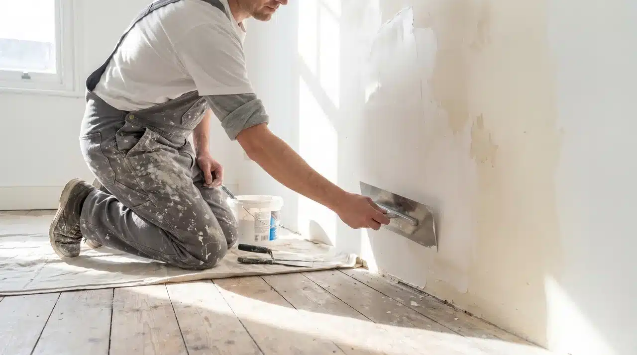 A person in grey overalls applying a thin second coat of plaster to a wall with a finishing trowel.