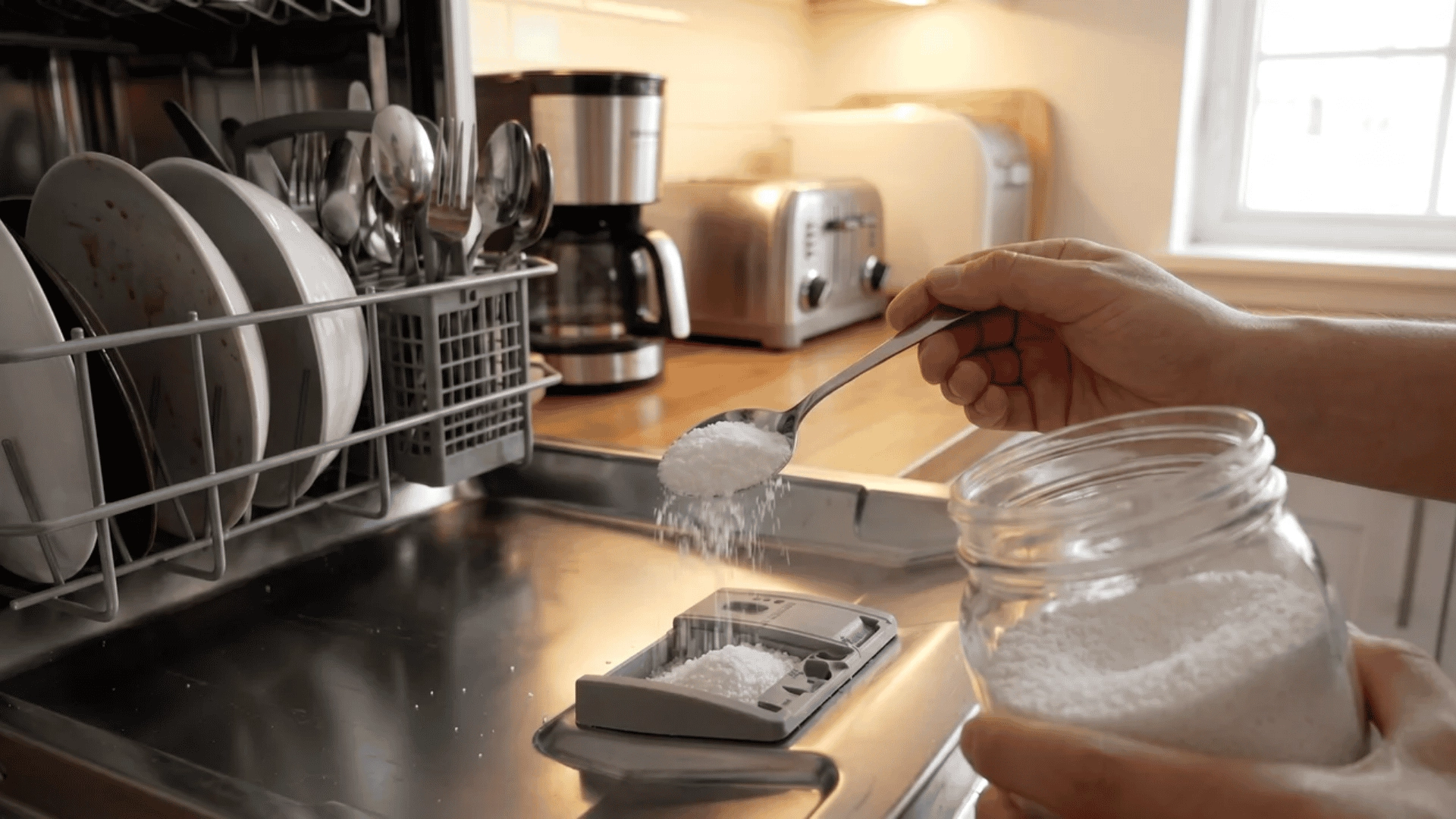 A tablespoon measuring DIY dishwasher detergent from a jar over a dishwasher, demonstrating proper dosage for each load.
