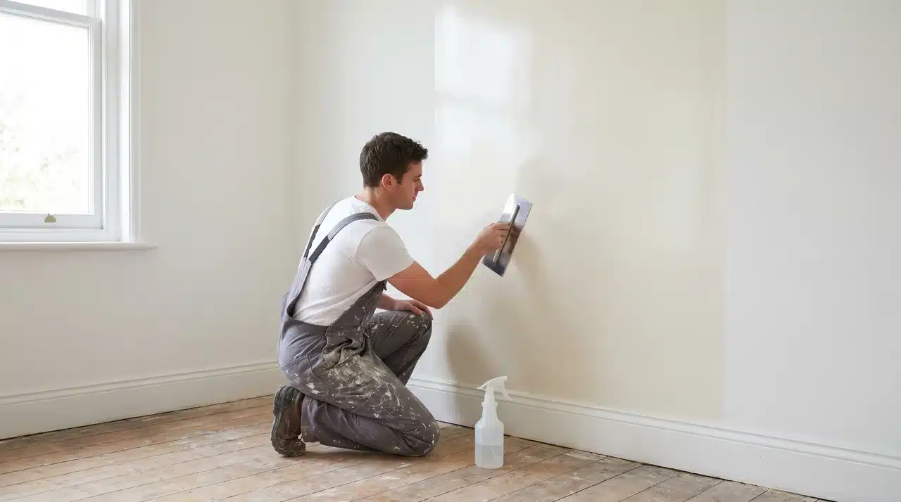 A person in grey overalls polishing a plastered wall with a flat steel trowel to achieve a smooth finish.