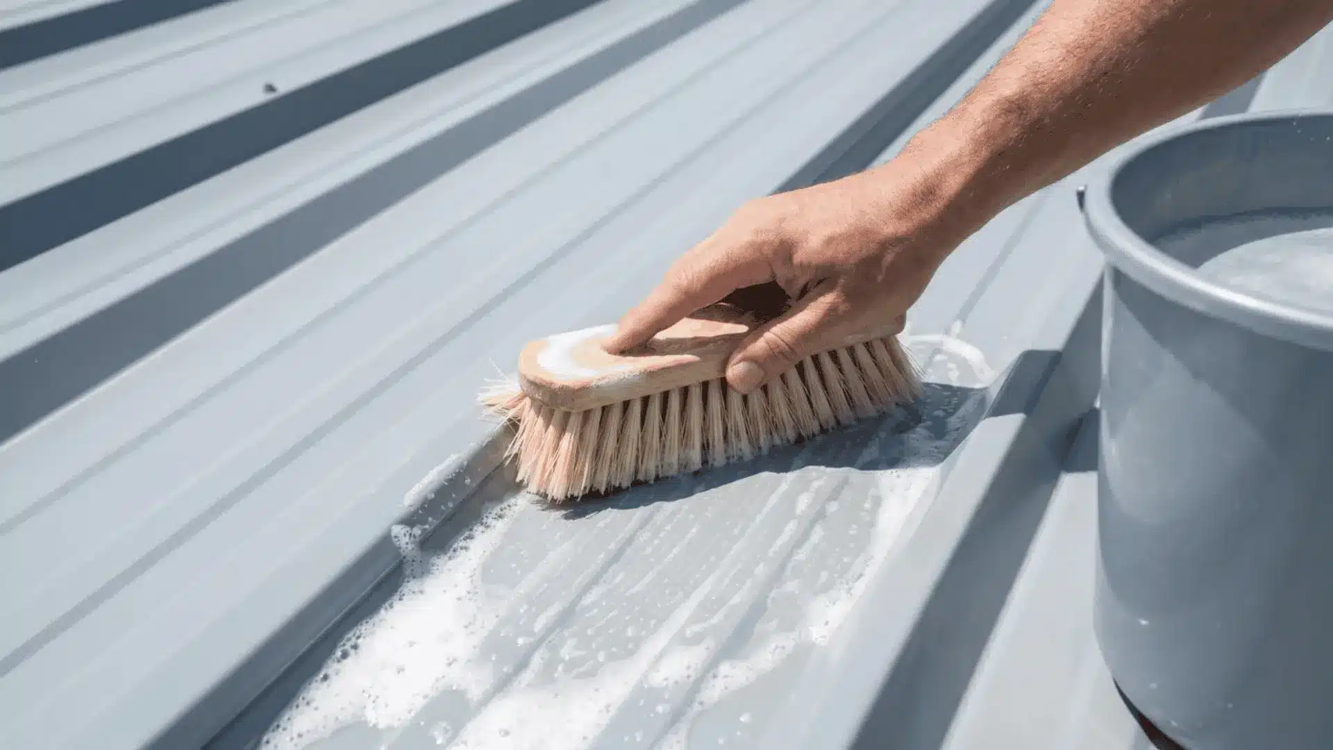 Close-up of a hand using a soft-bristle brush with soapy water to gently clean a gray coated metal roof panel.