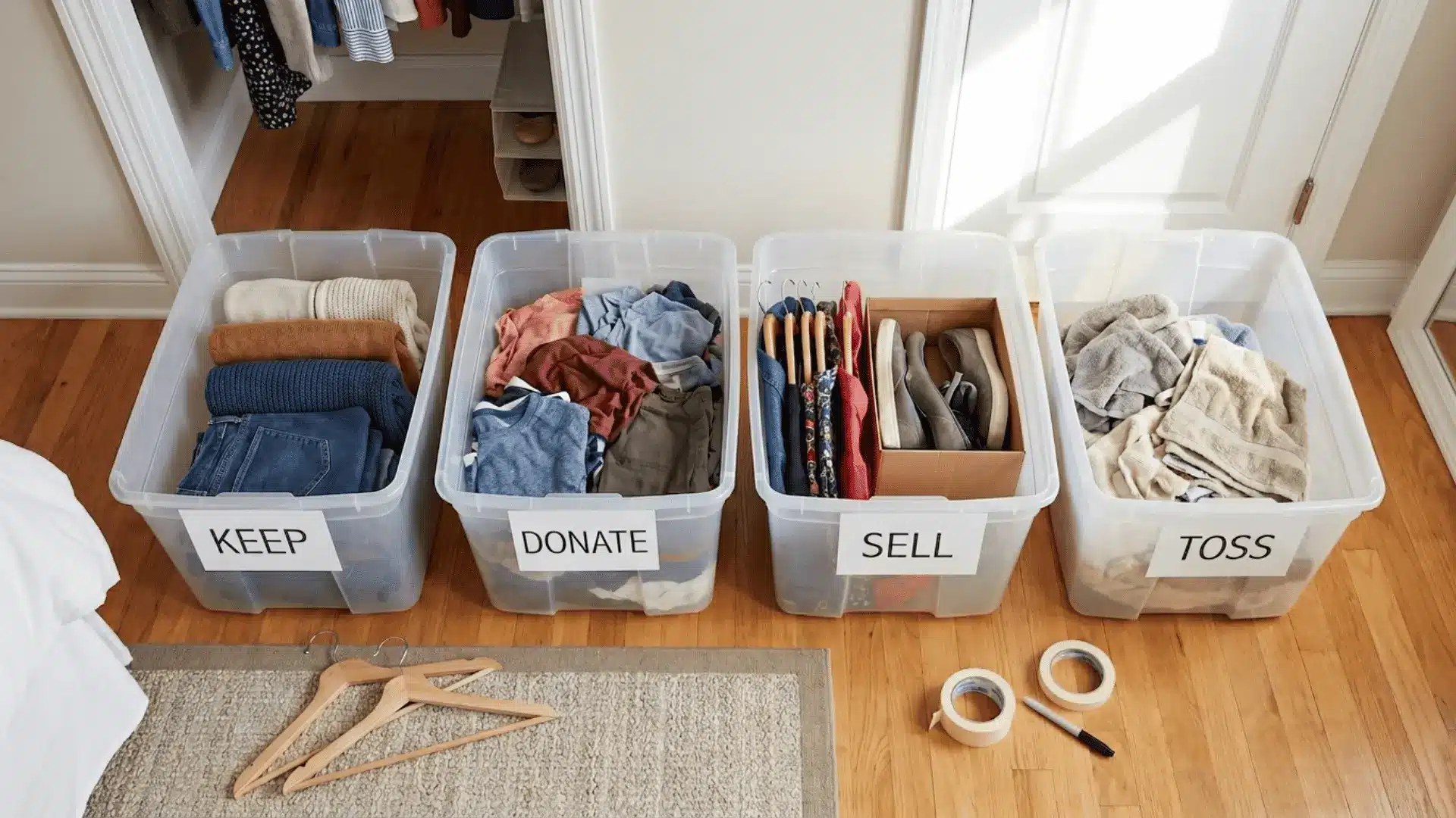 Four labeled bins with clothes sorted for Keep, Donate, Sell, and Toss on bedroom floor