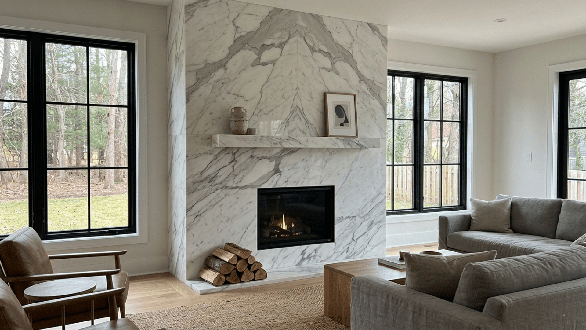 stone tile fireplace wall bringing natural warmth and character to a comfortable living area