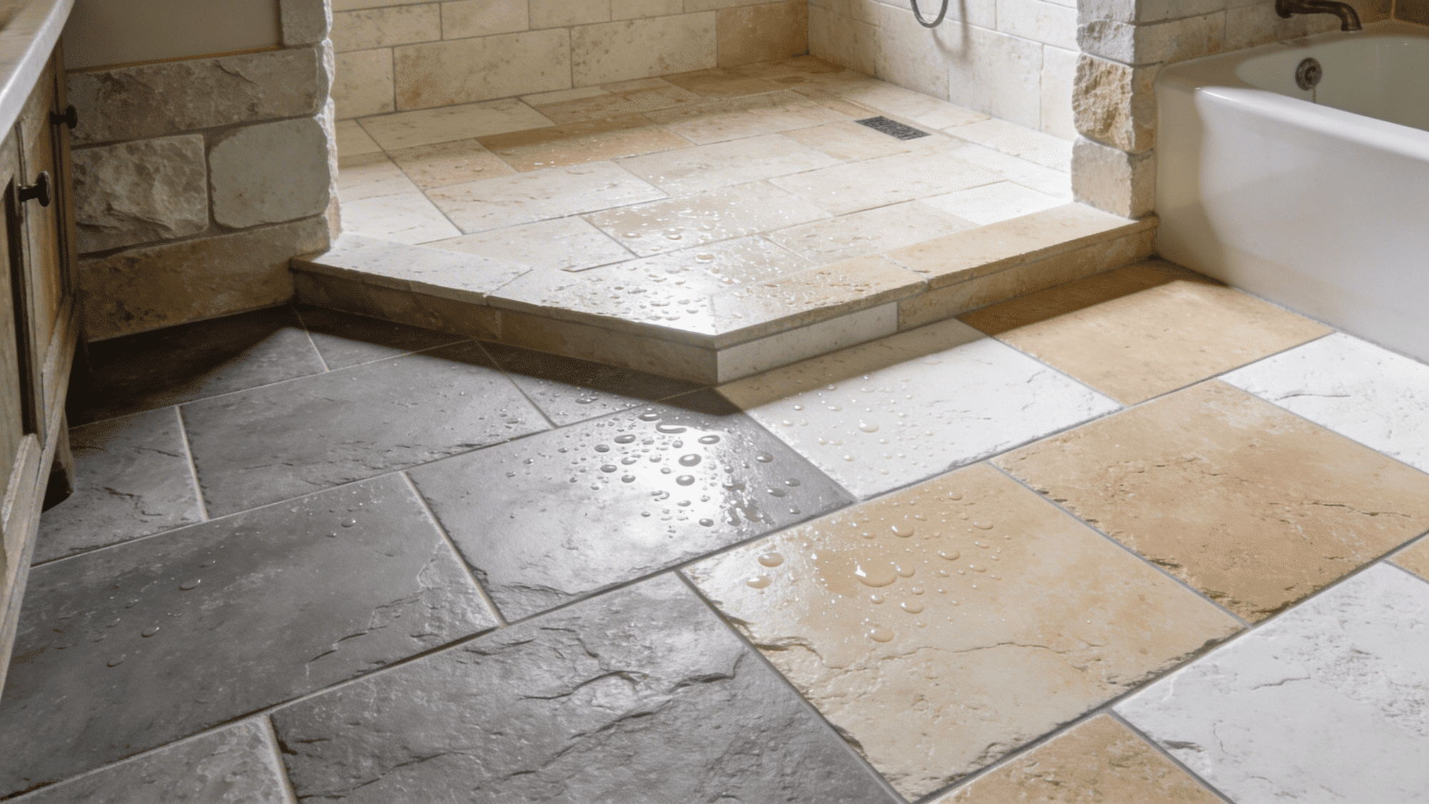 stone tiled shower floor with water droplets creating textured natural bathroom surface detail
