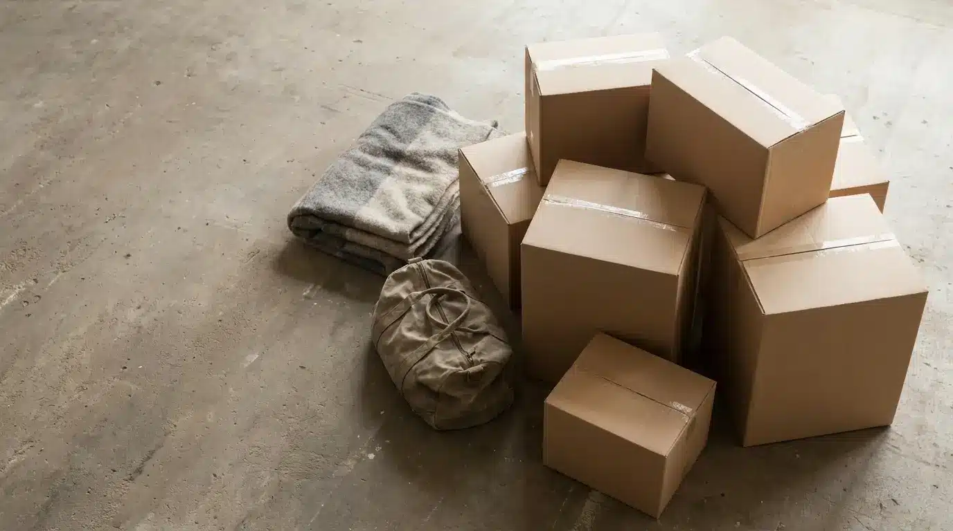 Cardboard boxes and a duffel bag on concrete floor with gray folded blankets nearby