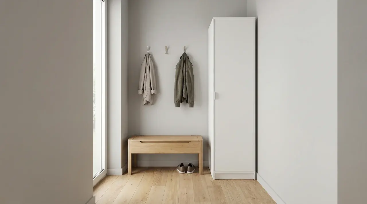small entryway with concealed storage bench, slim cabinet, and three hooks
