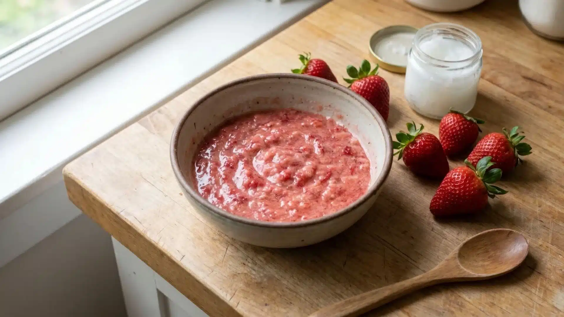 strawberry and coconut oil mixture in bowl for shine hair mask