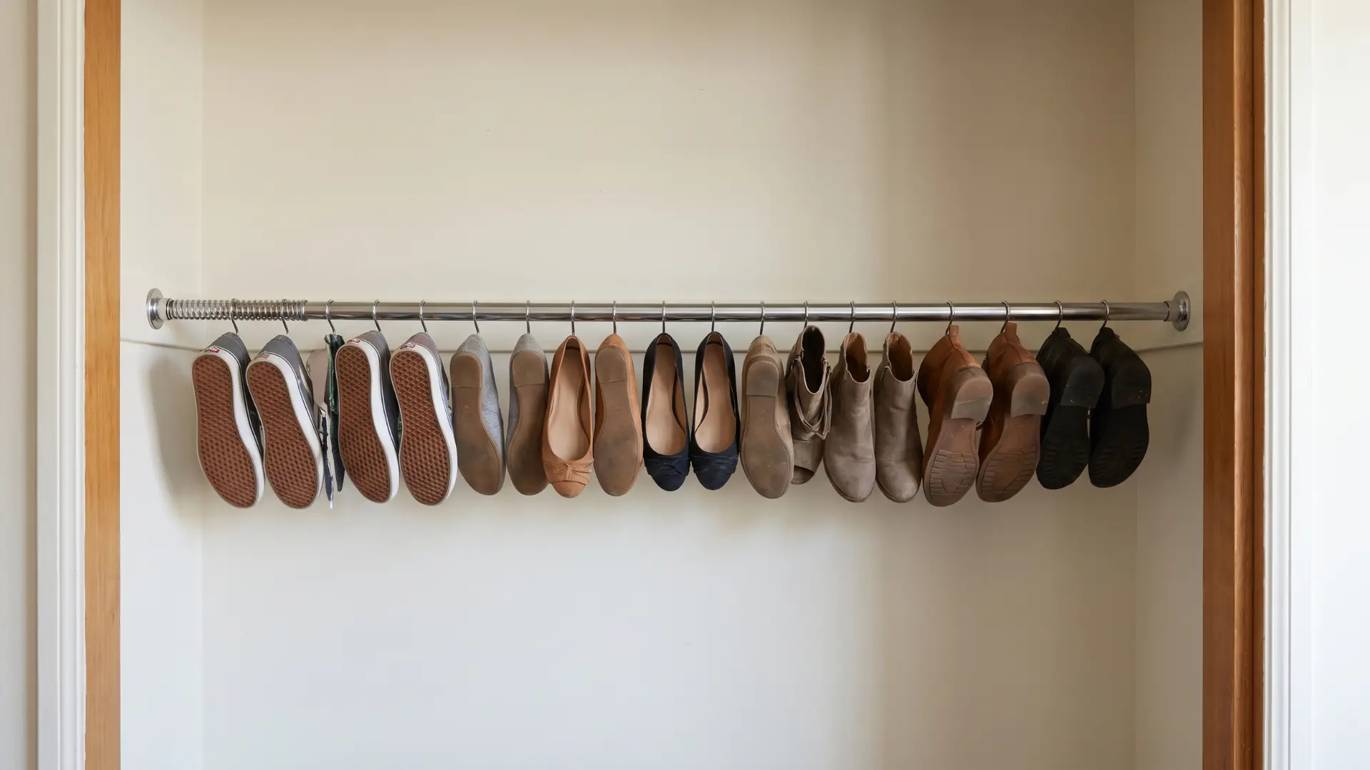 Metal tension rod across closet with shoes hanging by heel openings in a row