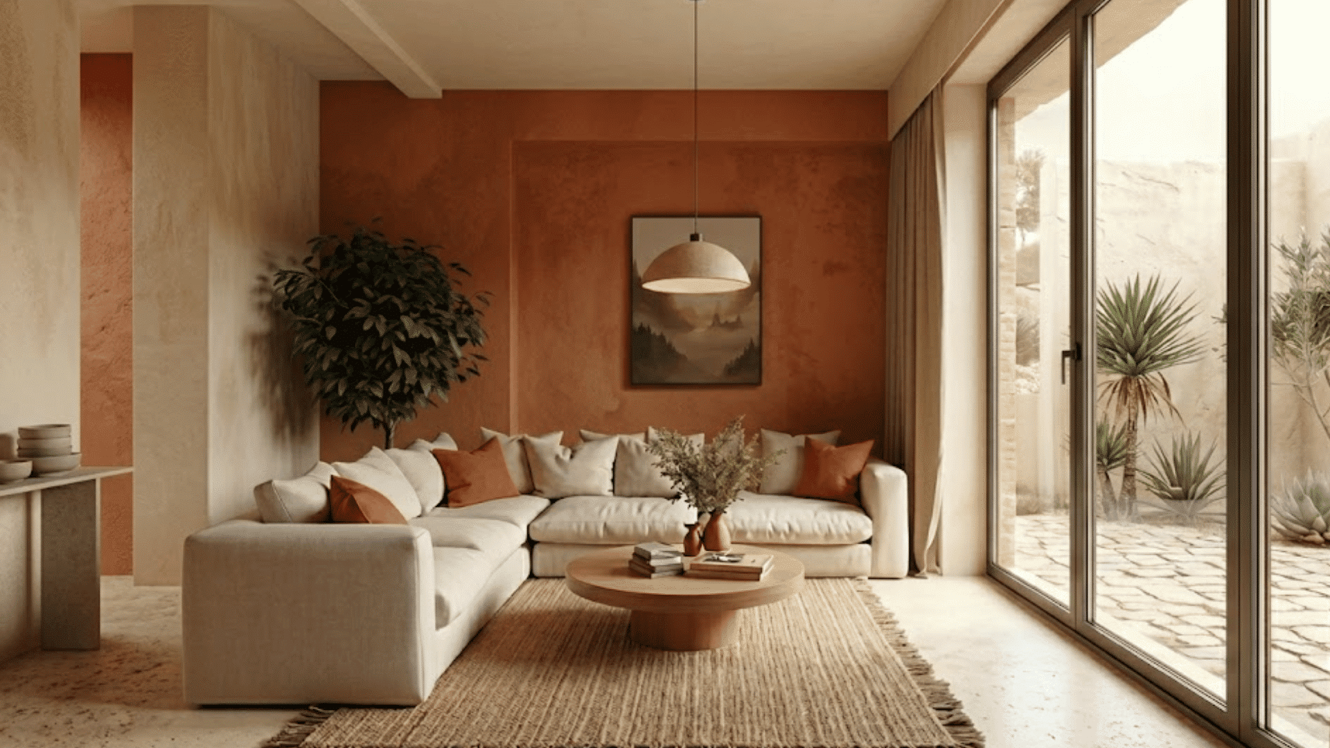 terracotta monochromatic living room with warm earth tones textured walls neutral furniture and natural decor elements