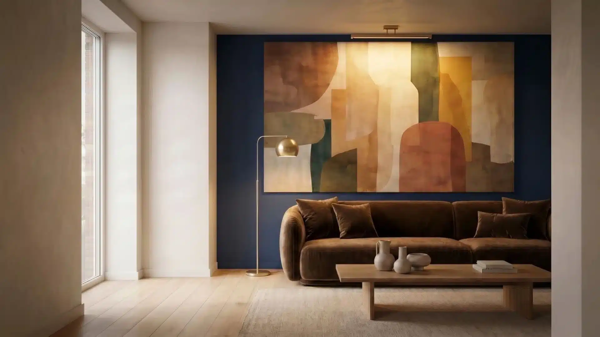 Living room with navy wall, big canvas, picture light, and now a velvet sofa adding tactile texture as emphasis.