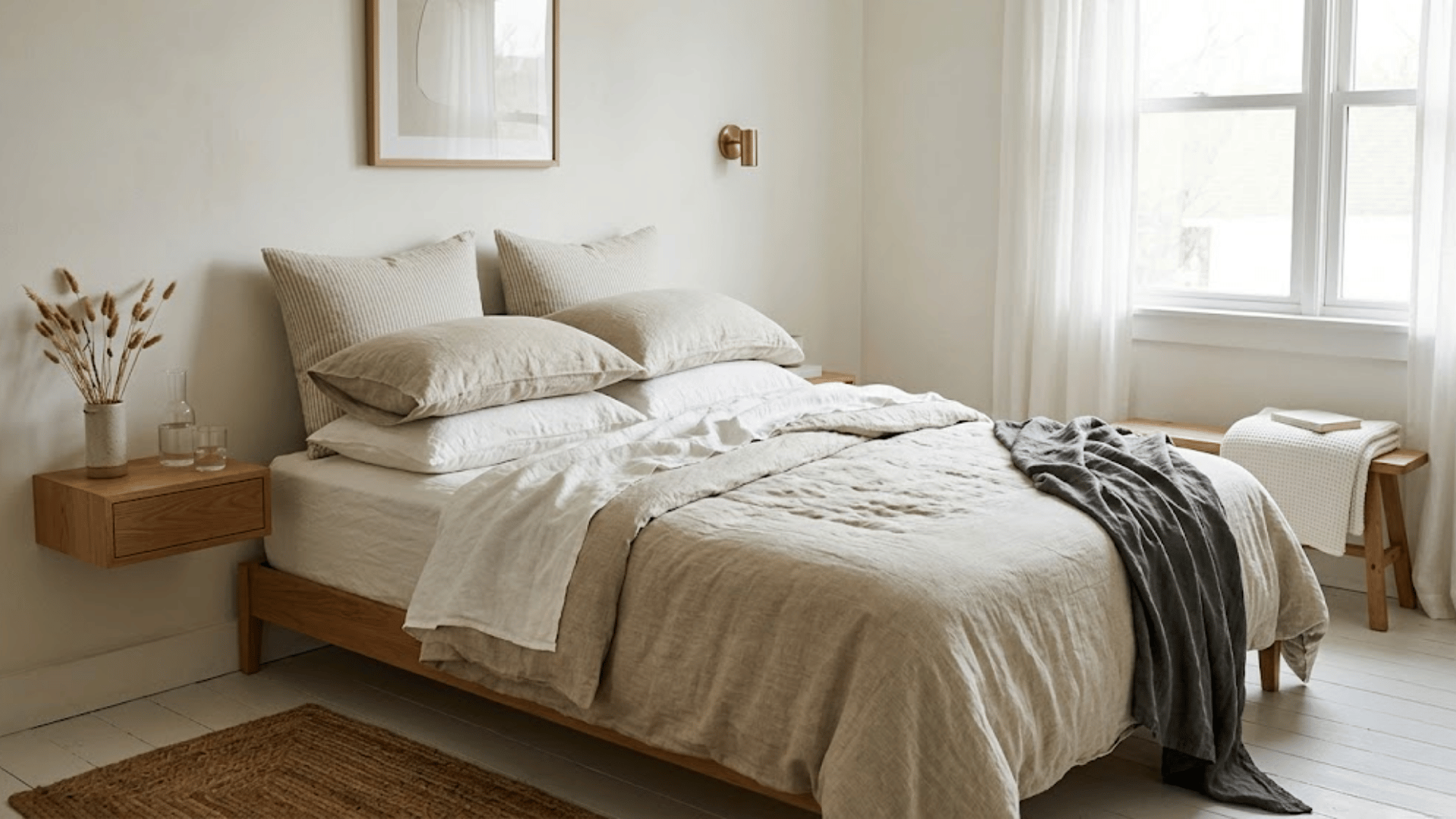texture with linen bedding minimalist bedroom ideas