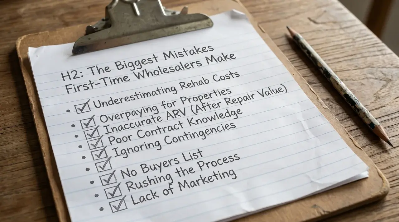 checklist showing common wholesaling mistakes on notebook