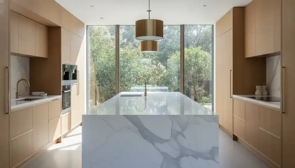 Modern kitchen with large marble island, wood cabinets, and floor-to-ceiling windows overlooking greenery