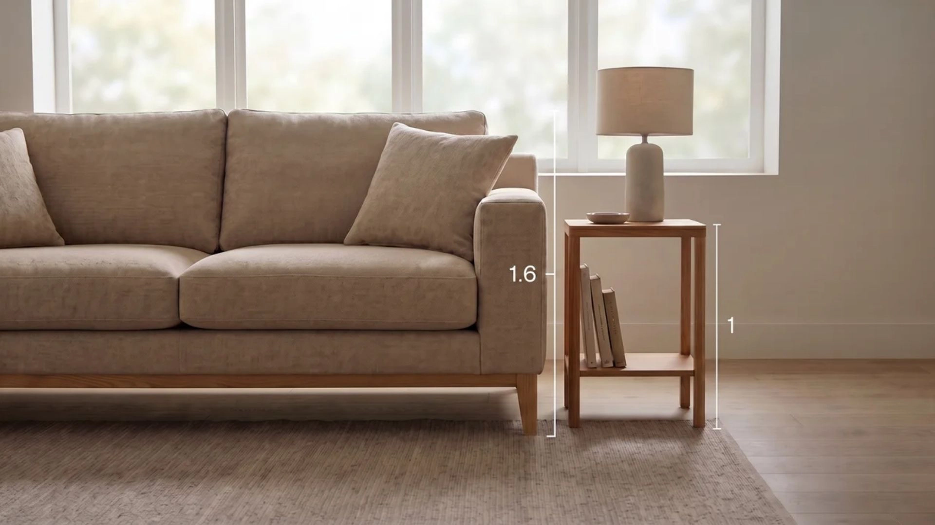 Sofa and side table in living room illustrating the golden ratio proportion for balanced interior design.