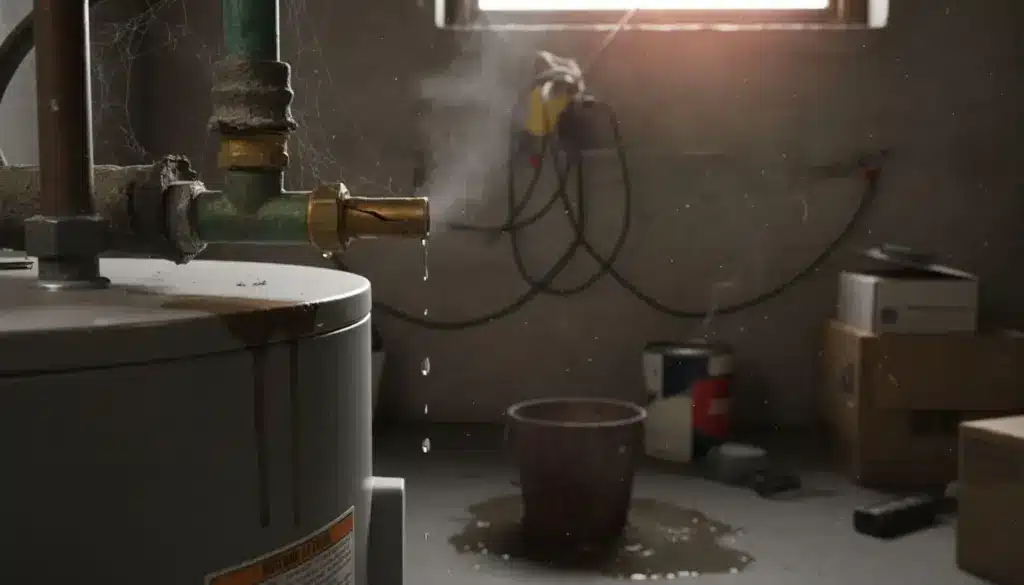 The Hidden Reasons Your Hot Water Bill May Be Climbing Leaking boiler pipe with water dripping onto cement floor in dimly lit basement