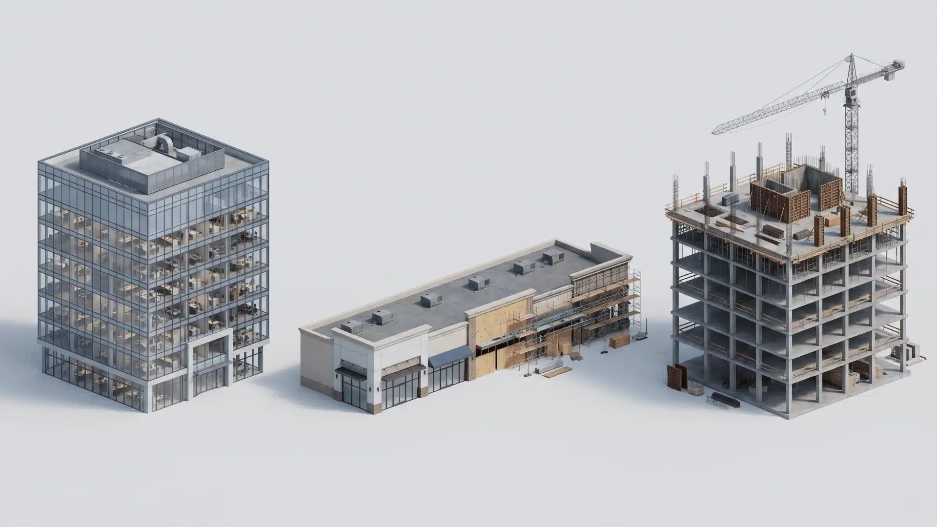 Three commercial building forms at different stages — stabilized, partially renovated, and under construction — shown in isometric view.