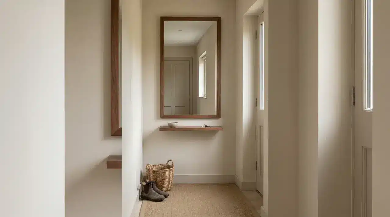 tall mirror on wall serving as visual anchor in small entryway