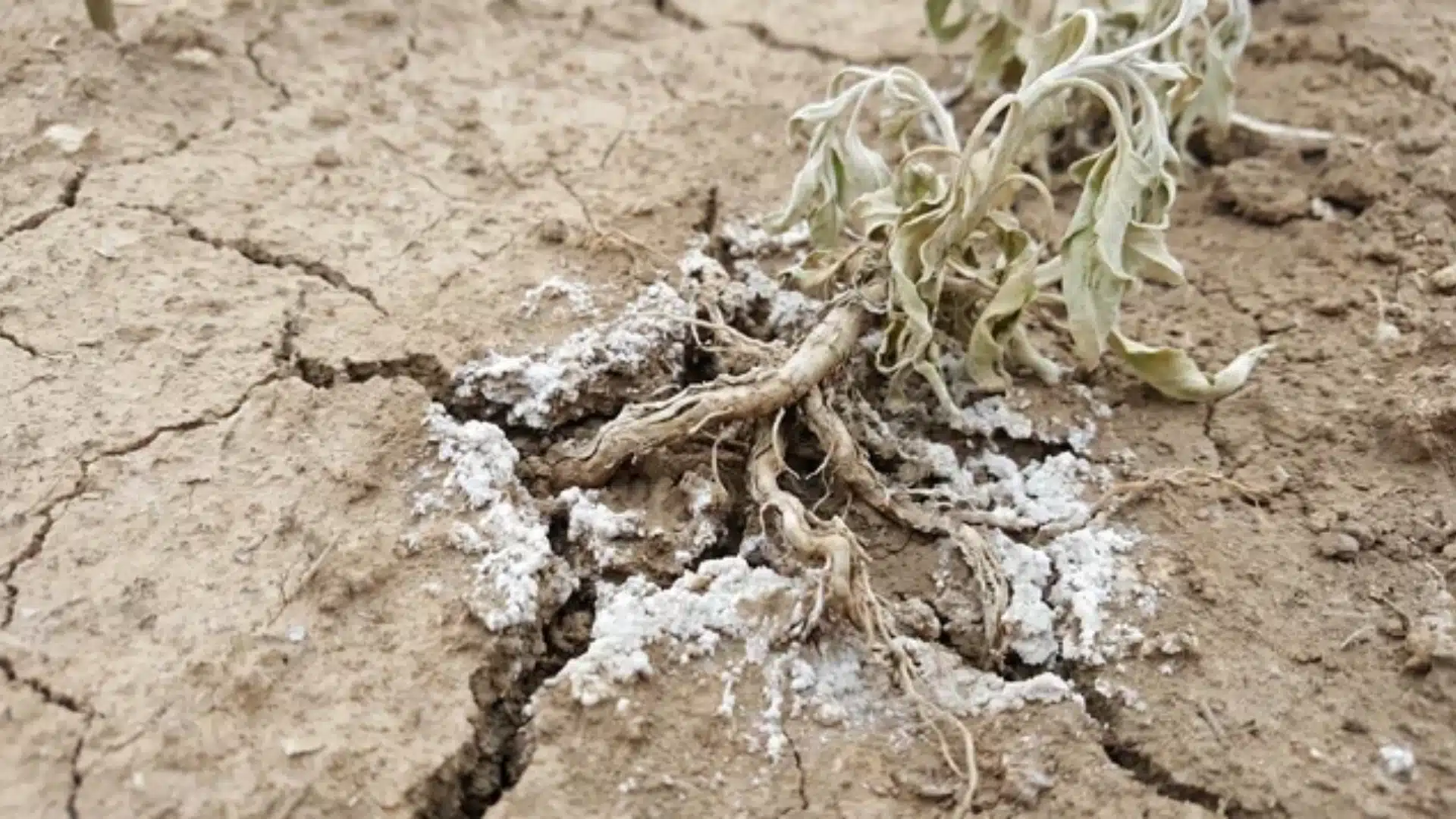 soil with white salt residue around plant roots causing dryness and inhibited growth
