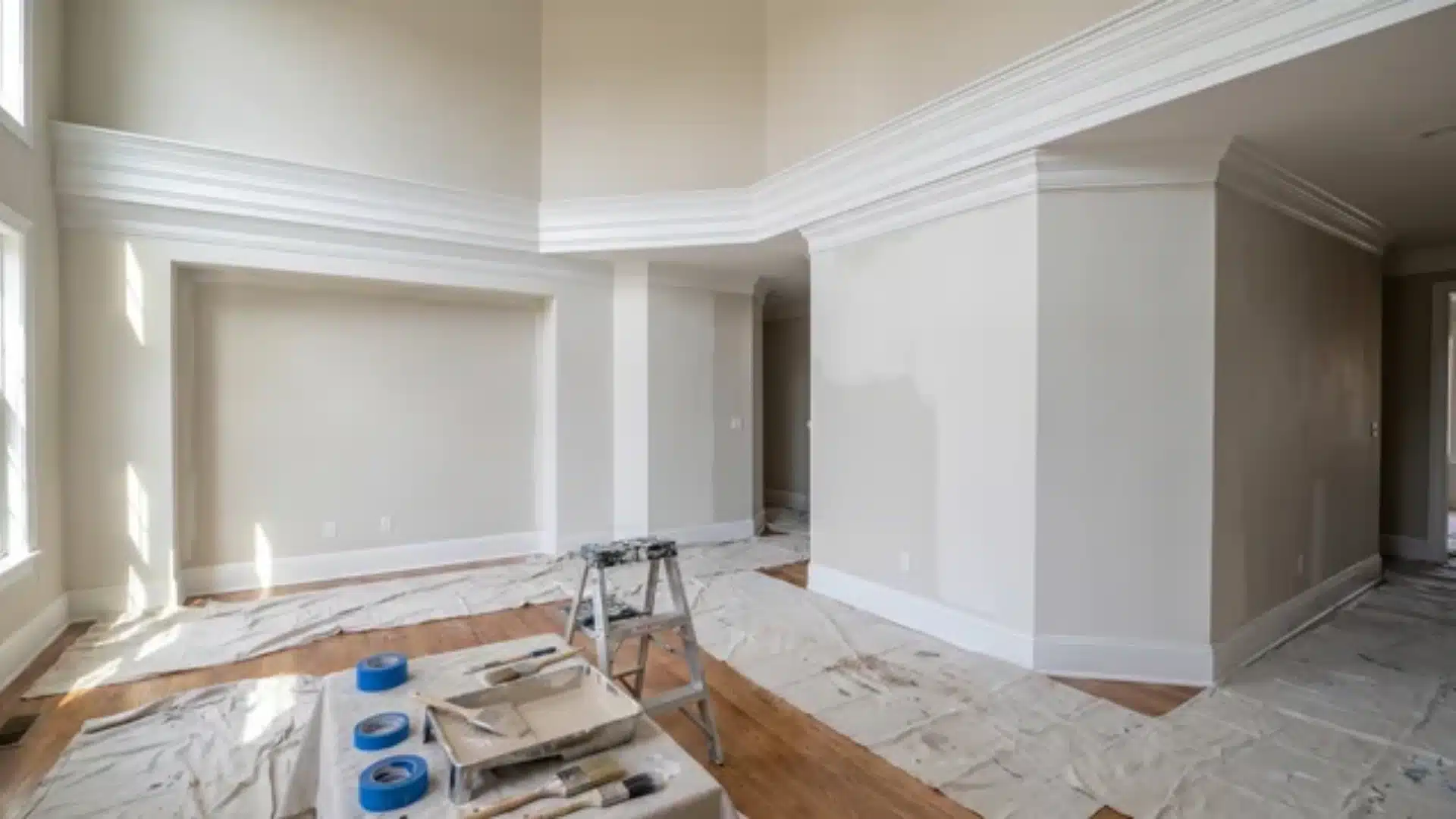 Room with high ceiling and crown molding, complex angled corners, and paintbrushes with a tray on the floor