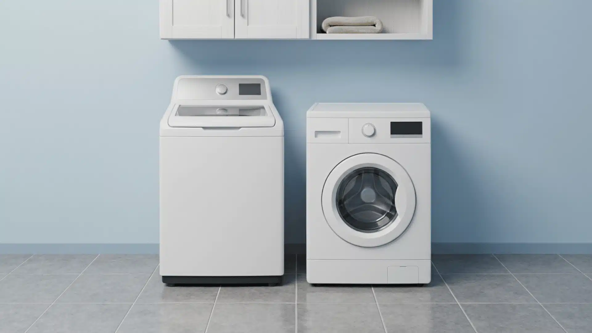 Top-load washing machine and front-load washing machine shown side by side.