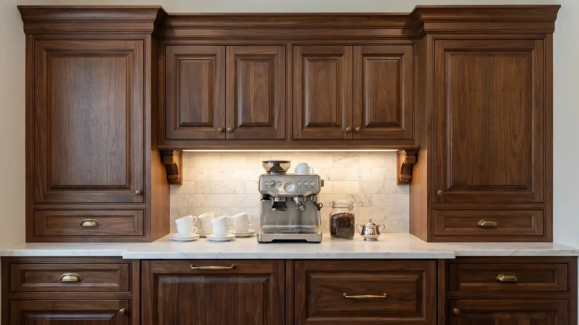 Traditional coffee bar with raised-panel walnut cabinets, marble counter, brass hardware, espresso machine, and porcelain cups.