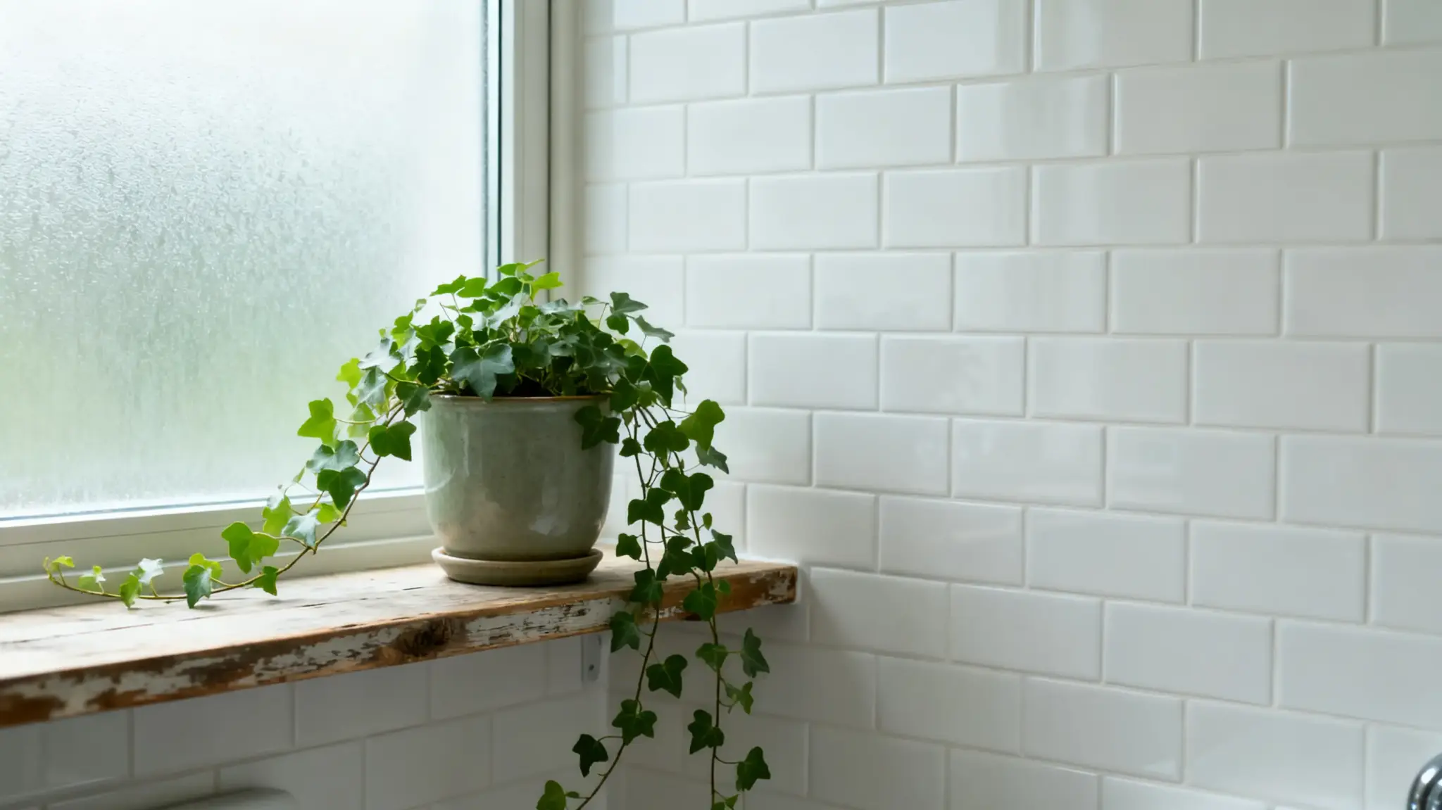 Potted ivy plant on rustic wooden shelf against white subway tiles in bright room