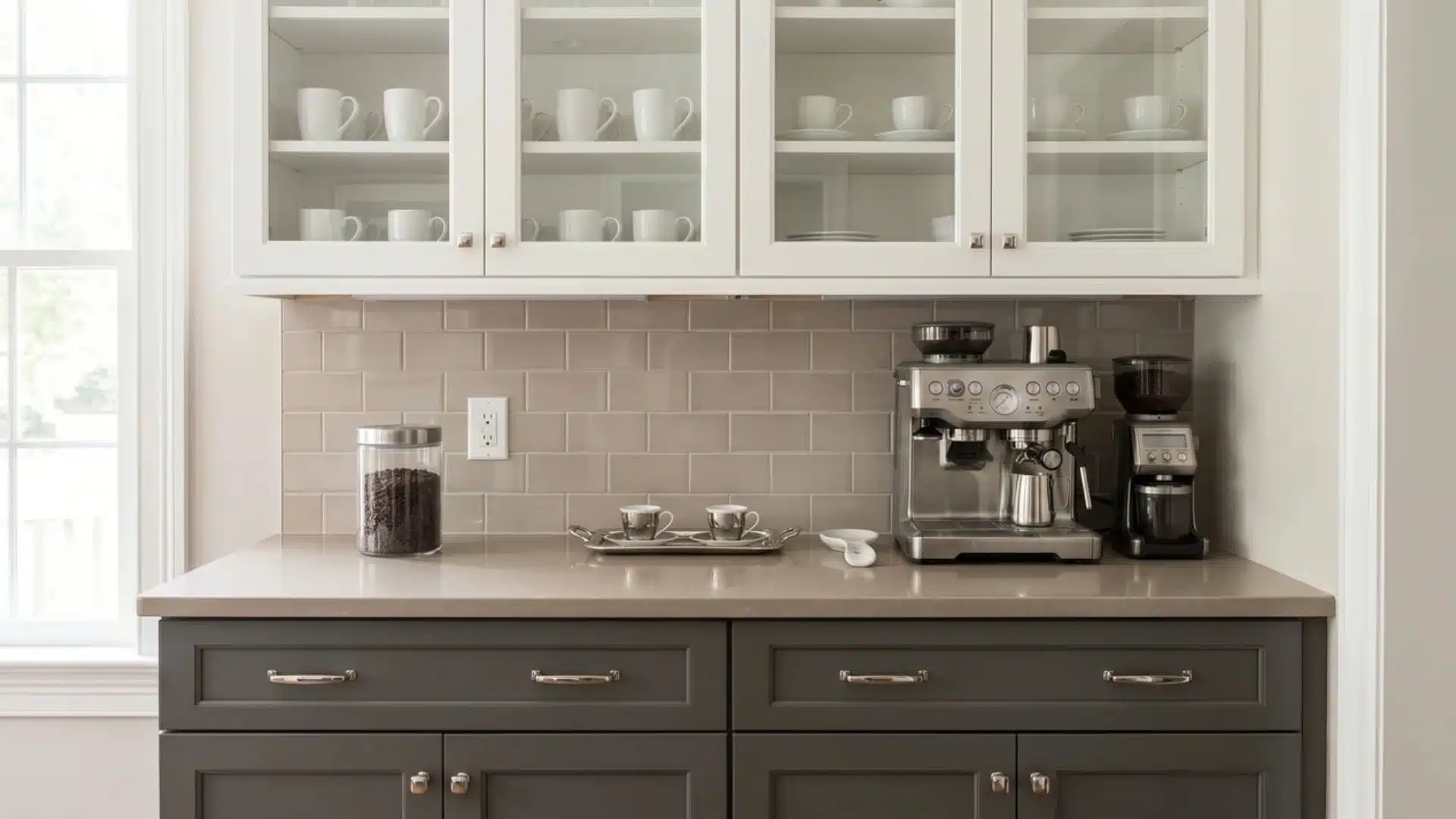 Transitional coffee bar with glass-front cabinets, nickel hardware, espresso machine, mugs, quartz counter, and neutral tile.