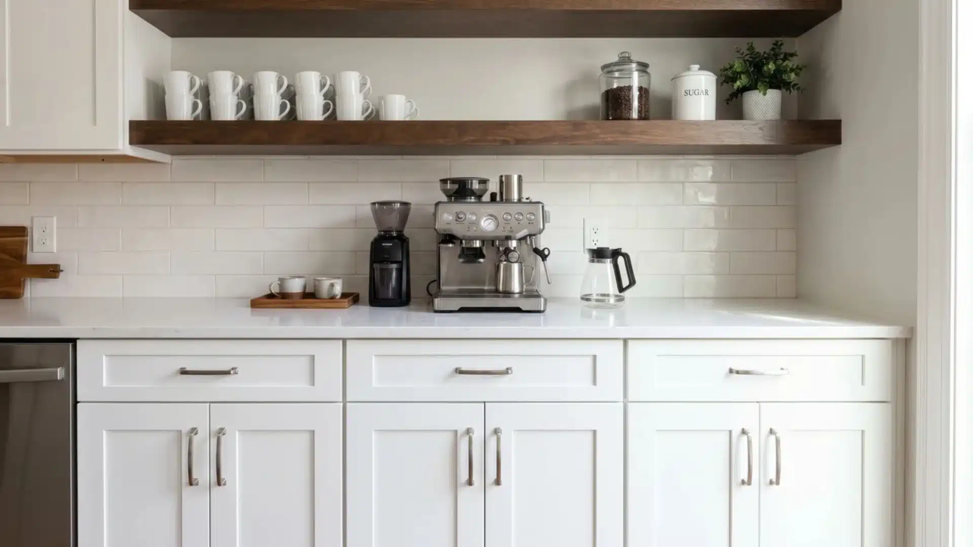 Transitional coffee bar with lower shaker cabinets, open shelves, quartz counter, coffee maker, mugs, grinder, and jars.