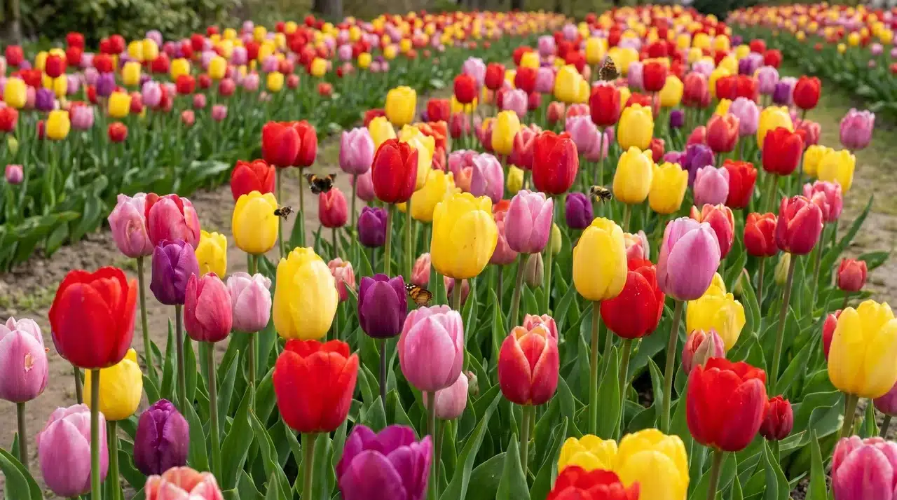 Colorful tulip flowers blooming in a spring garden.