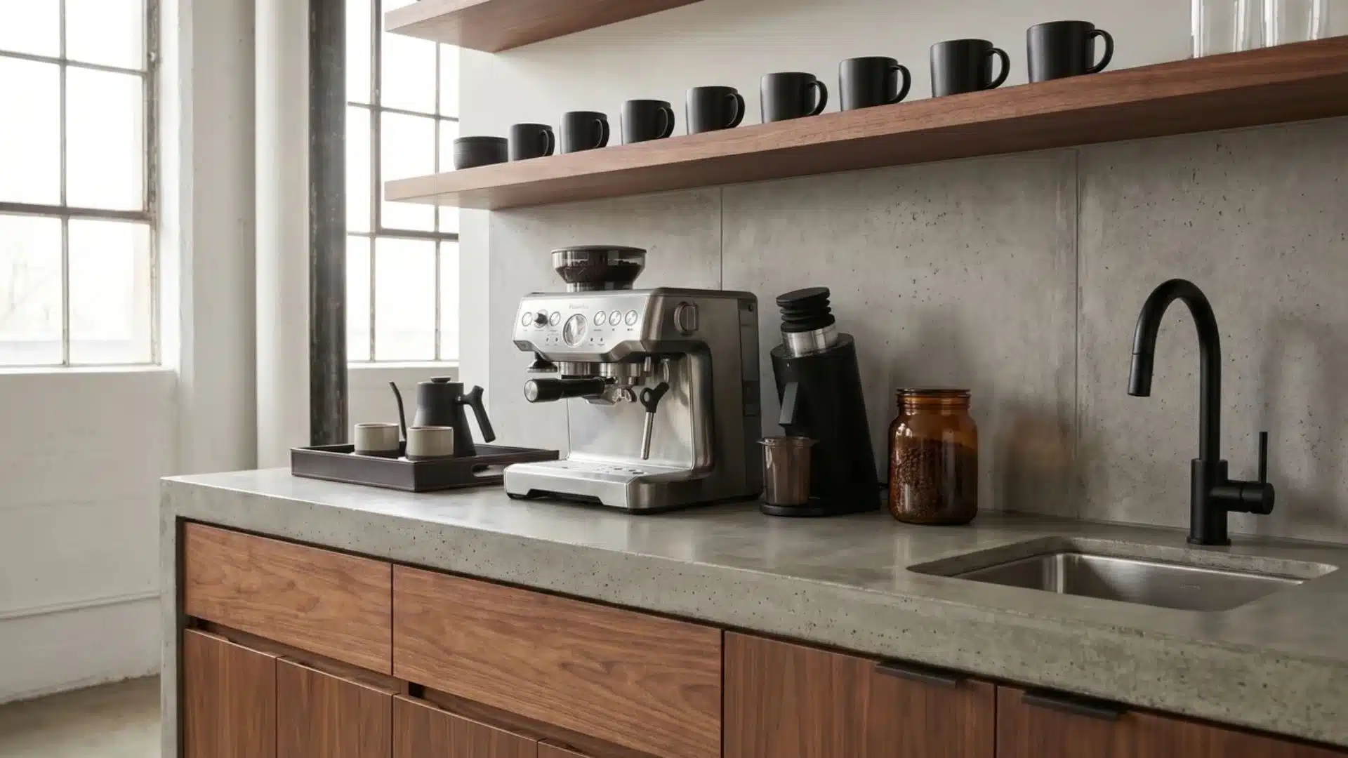 Urban loft coffee bar with concrete countertop, walnut cabinets, black faucet, espresso machine, grinder, and matte mugs.