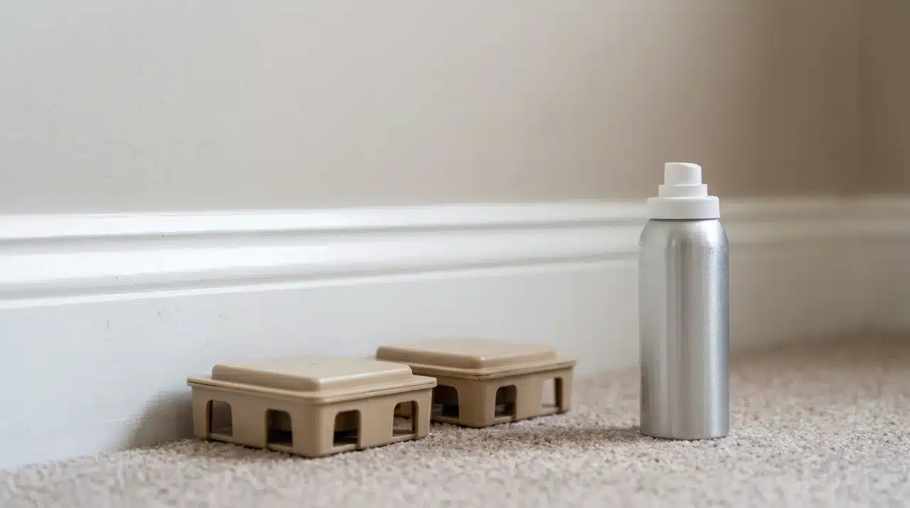 Two enclosed ant bait stations and a small aerosol can placed along a bedroom baseboard