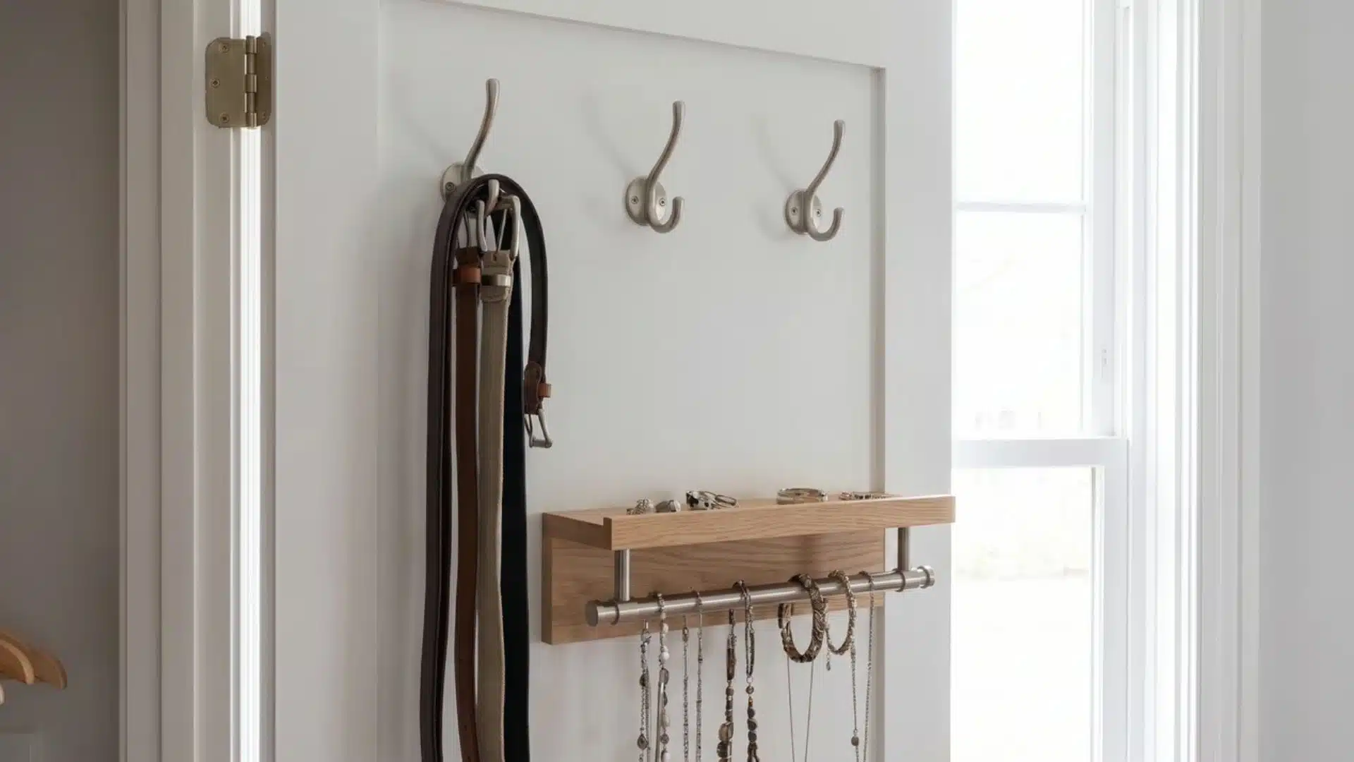 Inside of a warm white closet door with brushed-nickel hooks and a slim oak shelf holding belts and accessories.